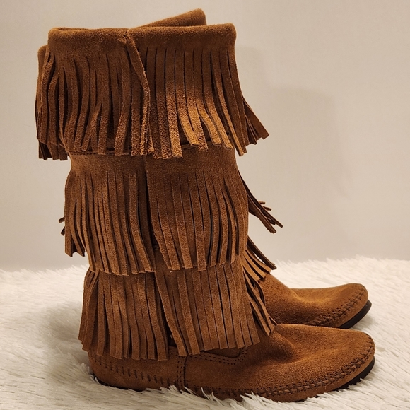 🤎 Minnetonka Brown 3-Layer Fringe Boots 1638 Size 7 - Picture 4 of 10